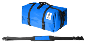 Sac Origami de la marque Dababo, sac pliable multi-fonctions, 3 positions en chutes de baches de camions recyclées avec lanière en format fermé de couleur bleu clair..