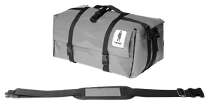 Sac Origami de la marque Dababo, sac pliable multi-fonctions, 3 positions en chutes de baches de camions recyclées avec lanière en format fermé de couleur grise..