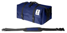 Charger l&#39;image dans la galerie, Sac Origami de la marque Dababo, sac pliable multi-fonctions, 3 positions en chutes de baches de camions recyclées avec lanière en format fermé de couleur bleu foncé..