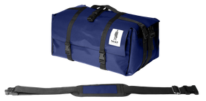 Sac Origami de la marque Dababo, sac pliable multi-fonctions, 3 positions en chutes de baches de camions recyclées avec lanière en format fermé de couleur bleu foncé..