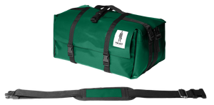 Sac Origami de la marque Dababo, sac pliable multi-fonctions, 3 positions en chutes de baches de camions recyclées avec lanière en format fermé de couleur verte..